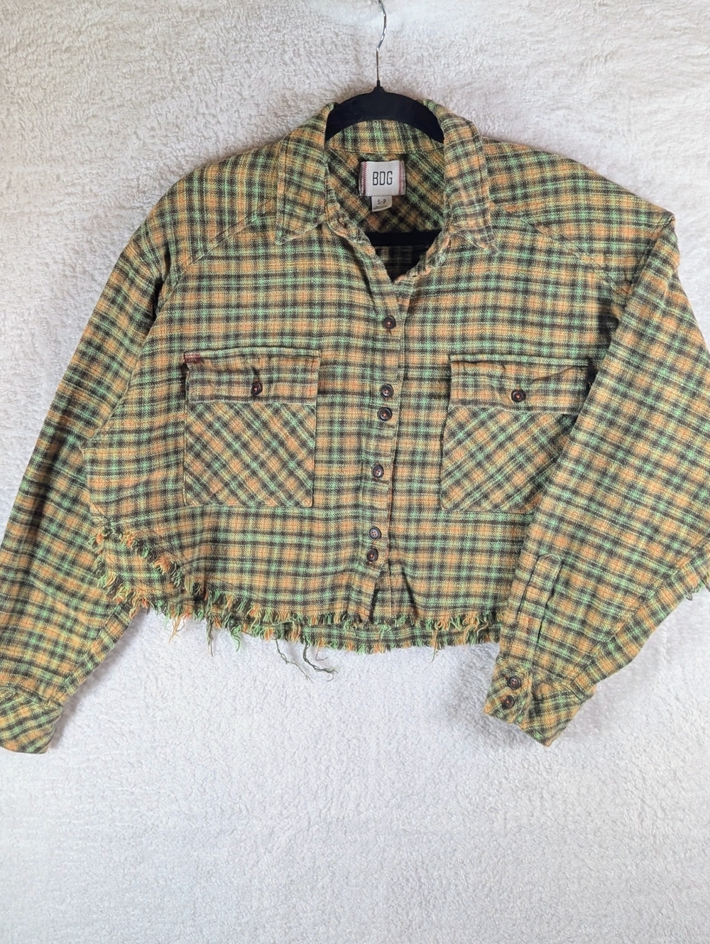 BDG Cropped Fringe Plaid Button-Up Jacket - Yellow Green Oversize